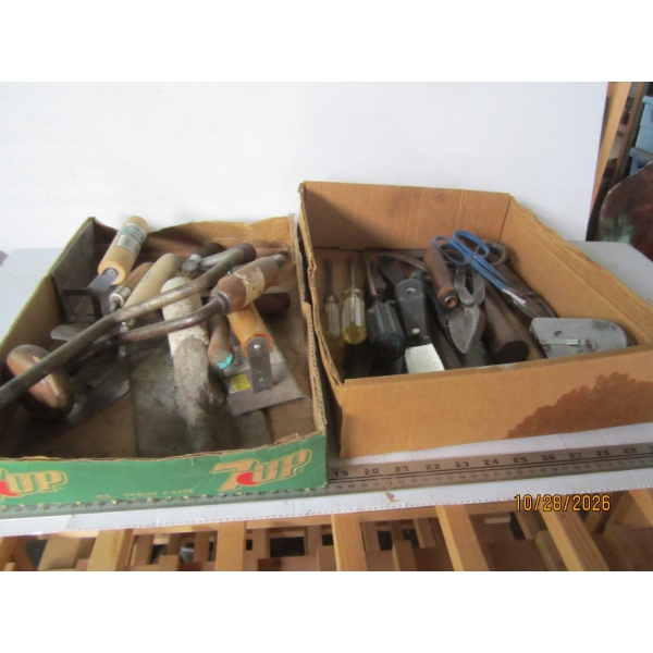 2 BOXES MISC. VINTAGE TOOLS, TROWELS, ETC.