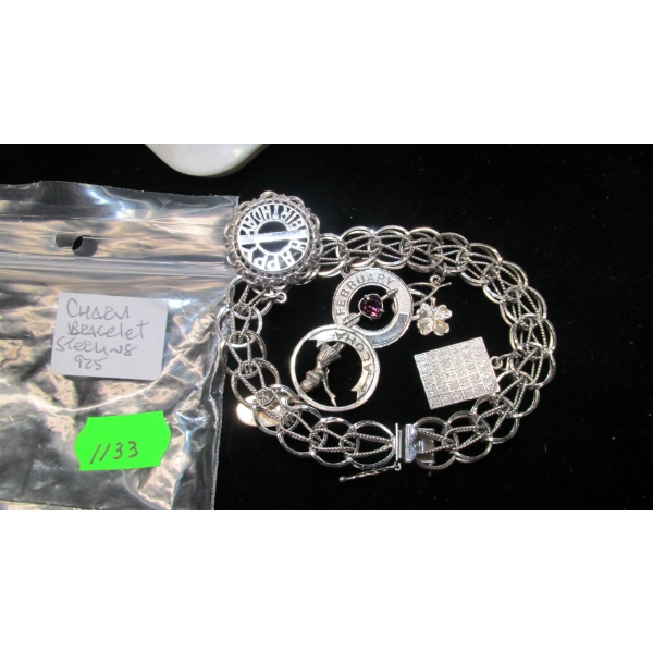 STERLING .925 SILVER CHARM BRACELET W/CHARMS