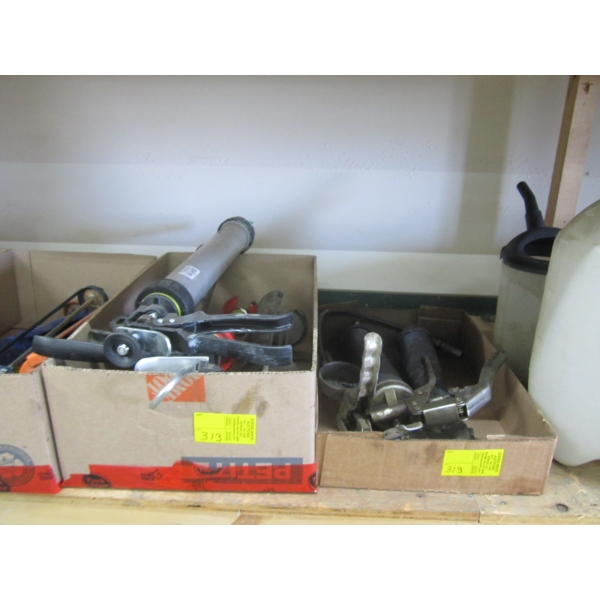 2 BOXES OF MISC. GREASE GUNS, CAULKING GUNS, ETC.