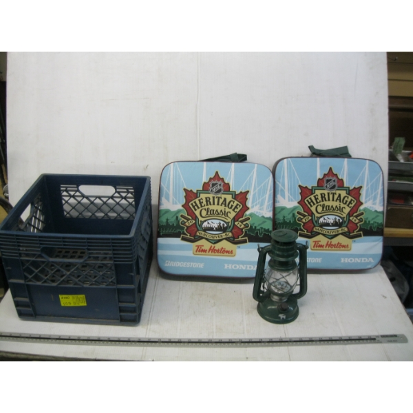 2 CUSHIONS & A OIL LANTERN