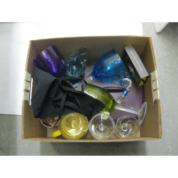 COLORED PLASTIC WINEGLASSES, MICROWAVE STEAMER, APRON, MUG, MOSCOW MULE MUGS, ETC.