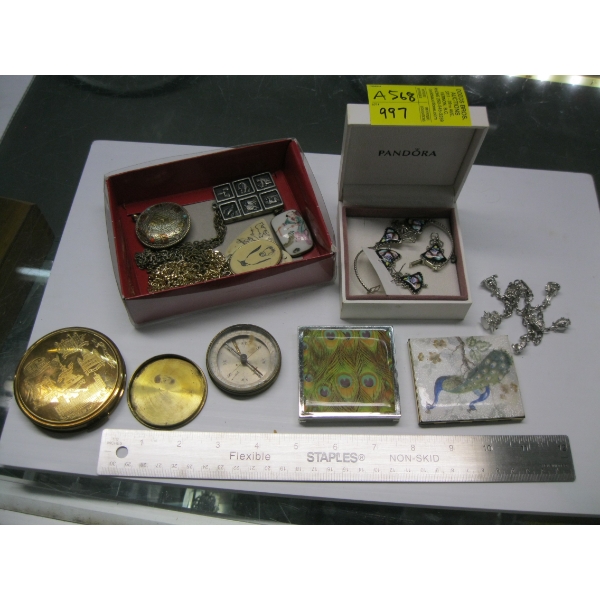 2 BOXES OF ASST. COLLECTABLE ITEMS - JEWELLERY, COMPASS, ETC.