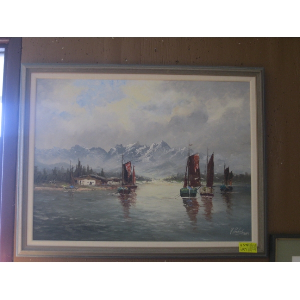 ORIGINAL PAINTING OF SAILBOATS & MOUNTAINS