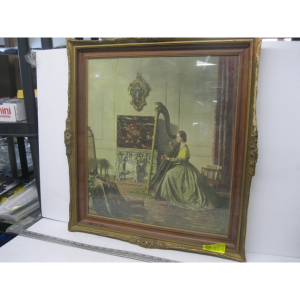 ORNATELY FRAMED PICTURE - WOMAN PLAYING HARP