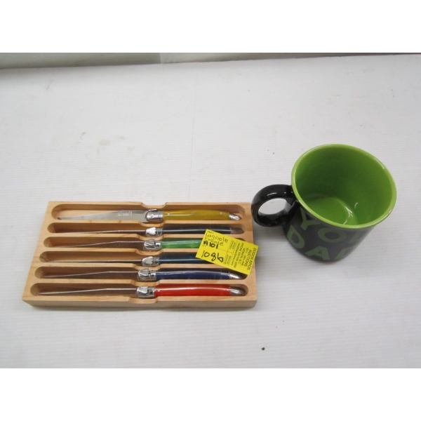 SET OF COLORFUL HANDLED LAGUIOLE STEAK KNIVES & A MUG