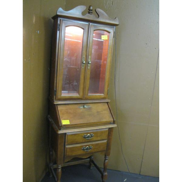 MAPLE SM. 2 DRAWER DROP FRONT WRITING DESK W/UPPER GLASS DOORED CABINET - MISSING SHELVES