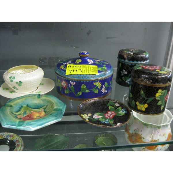 CLOISENNE TINS, MOORCROFT ASHTRAY & BELLEEK SUGAR BOWL