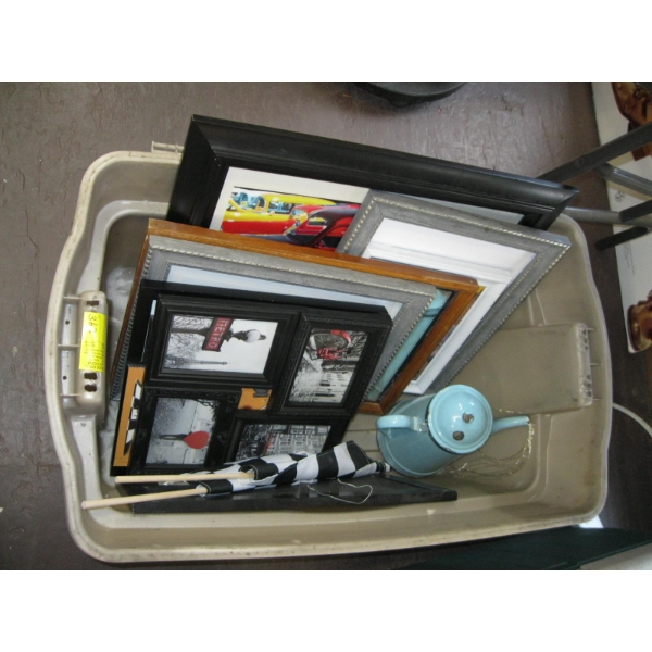 BIN OF MISC. FRAMED PICTURES, KETTLE, ETC.