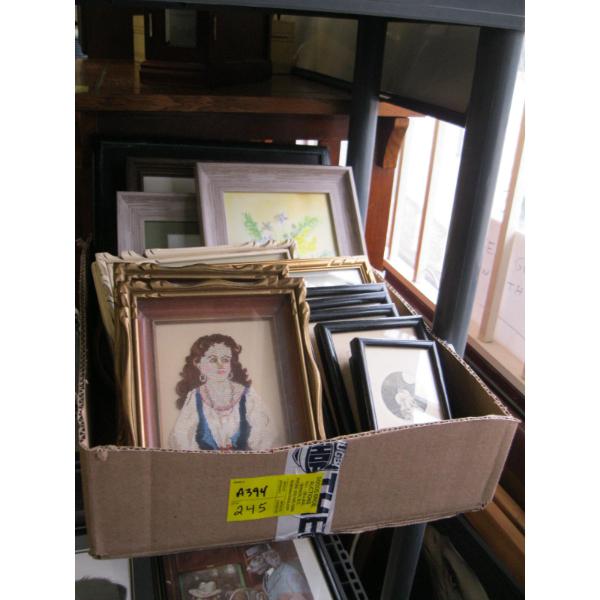 LG. BOX OF SM. FRAMED PICTURES, NEEDLEPOINT ORIGINALS, ETC.