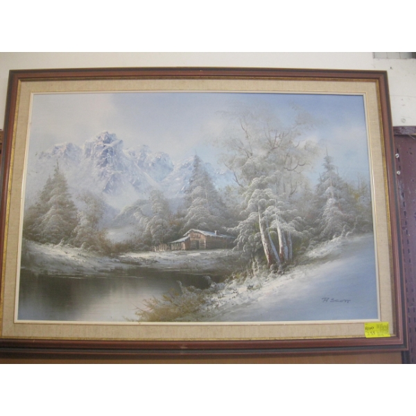 FRAMED PAINTING "THE MOUNTAIN & CABIN" BY R. SCOTT