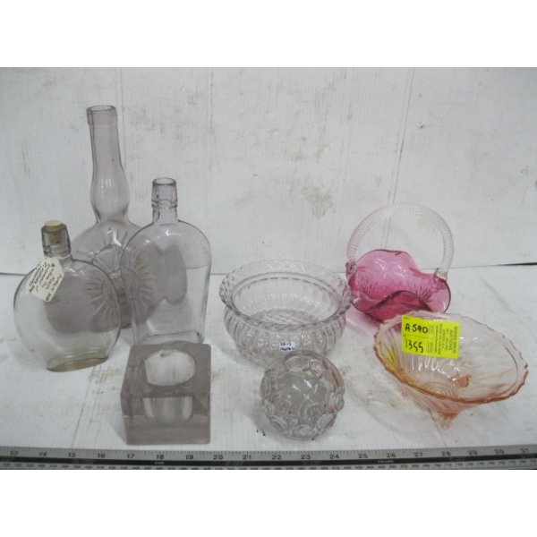 ASST. GLASSWARE - HANDLED RUBY GLASS DISH, FOOTED BOWLS, BOTTLES, ETC.