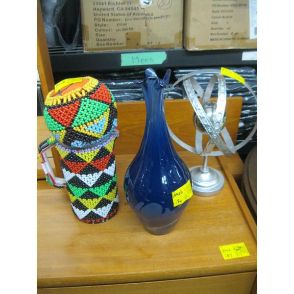 BEADED BALL & JUG, GLASS VASE, ETC.