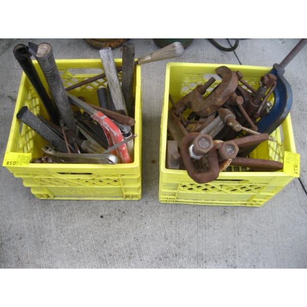 2 YELLOW CRATES W/ASST. C CLAMPS, CRESCENT WRENCHES, HAMMERS, ETC.