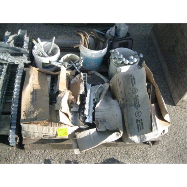 PALLET OF MISC. JOIST HANGERS, LG. BOLTS, ETC.