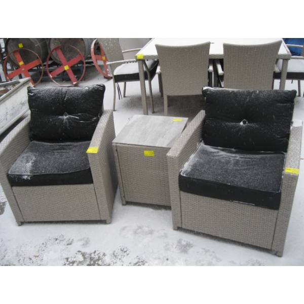 2 PATIO CHAIRS W/UPHOLSTERED CUSHIONS & A SM. TABLE