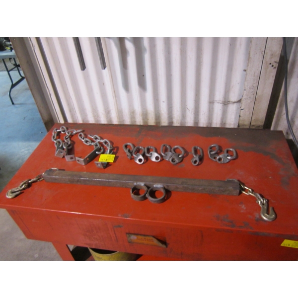 LOT OF 4 CHAIN TIEDOWNS, SPREADER BAR & ENGINE LIFTS