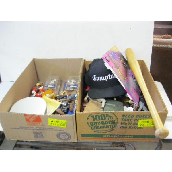 2 BOXES MISC. SPORTS FIGURINES, HAT, ETC.
