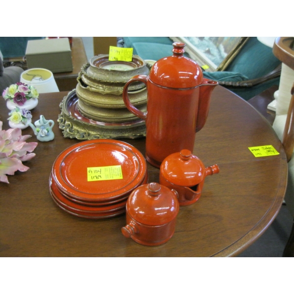 WEST GERMAN MADE TEAPOT W/CREAM & SUGAR & 4 PLATES