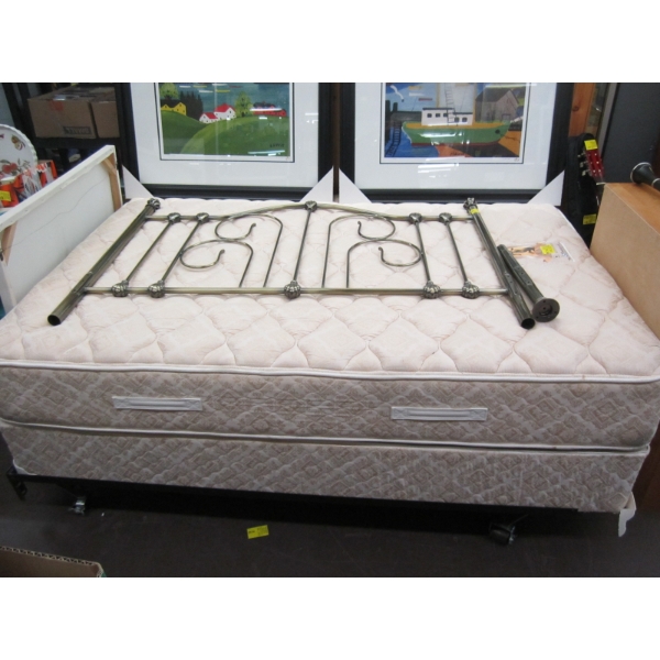 DOUBLE SIZE BOX SPRING/MATTRESS W/ROLLER FRAME, HEADBOARD - MISSING 1 LEG