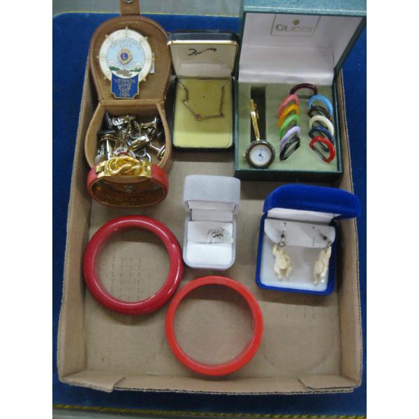 ASST. JEWELLERY, LEATHER CASE, PENDANTS, EARRINGS, WATCH, ETC.