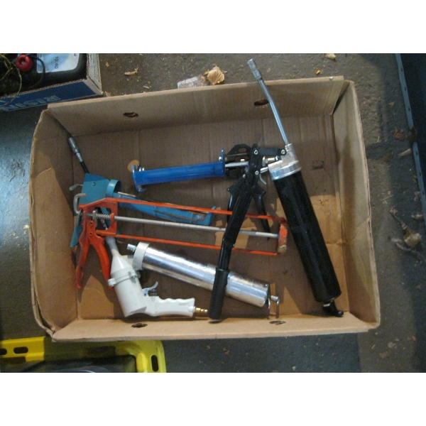 BIN W/MISC. AIR GREASE GUN, CAULKING GUNS, ETC.