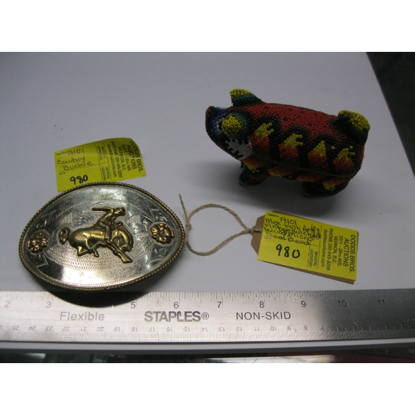 BEADED PIG & COWBOY BELT BUCKLE