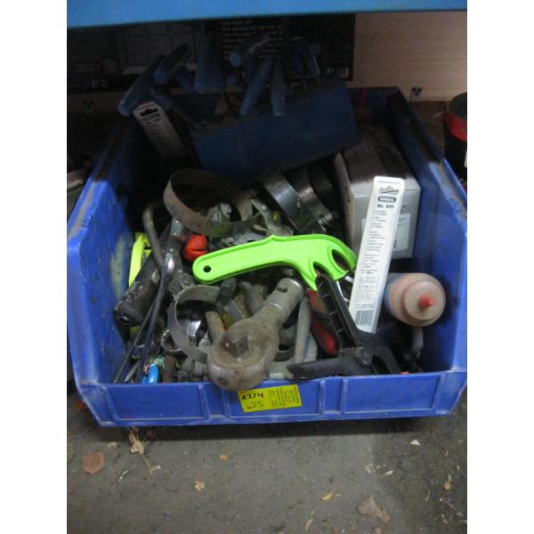 BIN OF MISC. TOOLS: PULLERS, 3/4" DRIVE RATCHET, HAMMERS, SCREWDRIVERS, ETC.