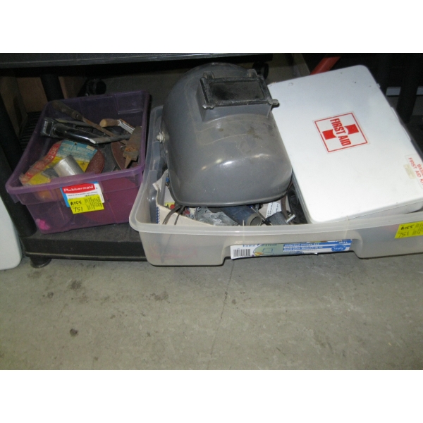 BOX OF MISC. FIRST AID KIT, WELDING HELMET, ETC.