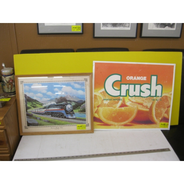 TIN ORANGE CRUSH SIGN & FRAMED PRINT OF TRAIN
