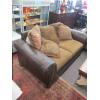 Image 1 : LEATHER LIKE BROWN LOVESEAT W/CUSHIONS - 1 END DAMAGED