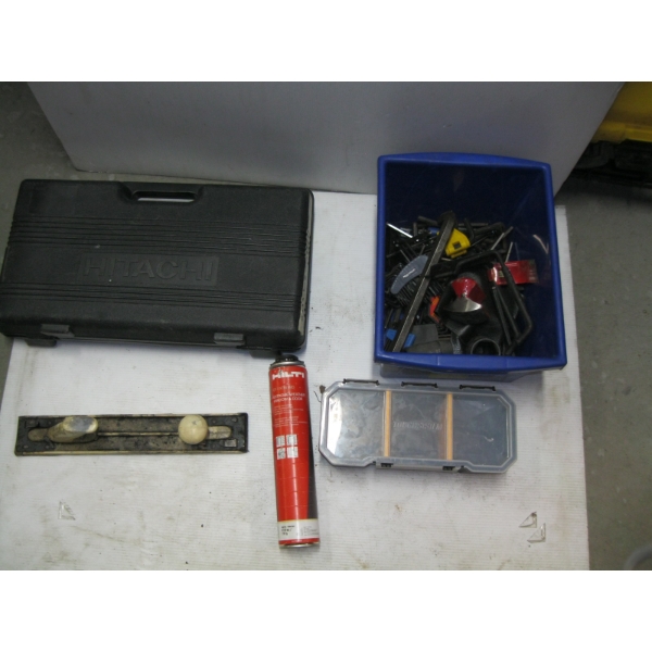 HITACHI IMPACT GUN - NO CHARGER & A BIN OF MISC. TOOLS, ETC.
