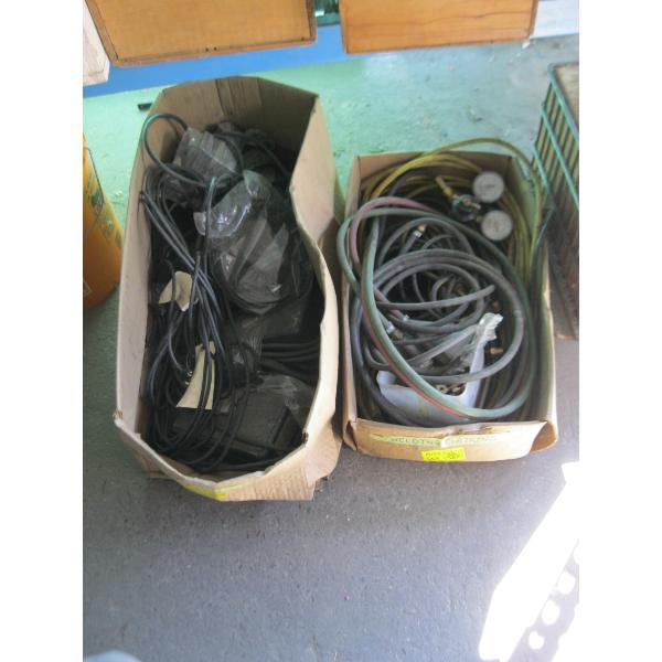 2 BOXES OF FOOT PEDALS, WELDING ITEMS, ETC.