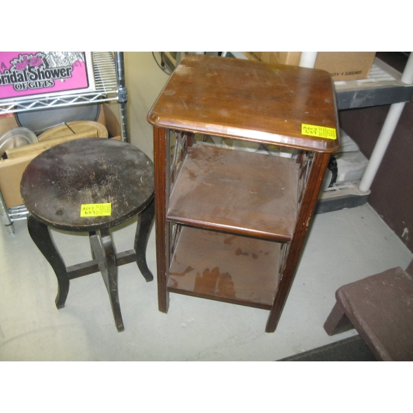 2 ANTIQUE TABLES (3-TIER & SMALL ROUND PLANT STAND)
