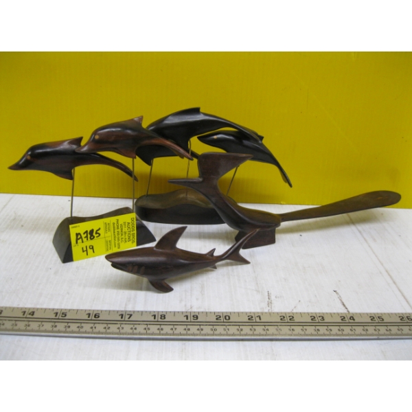 2 WOODEN DOLPHIN FIGURINES, SHARK FIGURINE & ROAD RUNNER FIGURINE
