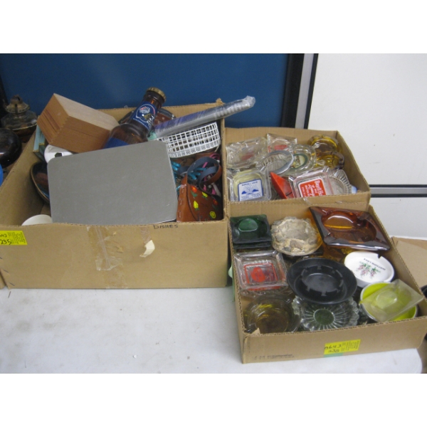 MISC. VINTAGE ITEMS - BELLOWS, CANDLEHOLDERS, ETC. & 2 BOXES OF COLLECTABLE ASHTRAYS
