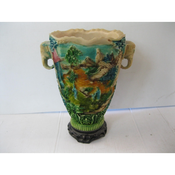 CARVED URN ON WOOD STAND