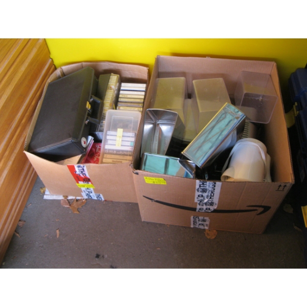 2 BOXES OF MISC. KITCHEN WARE, TAPES, ETC.