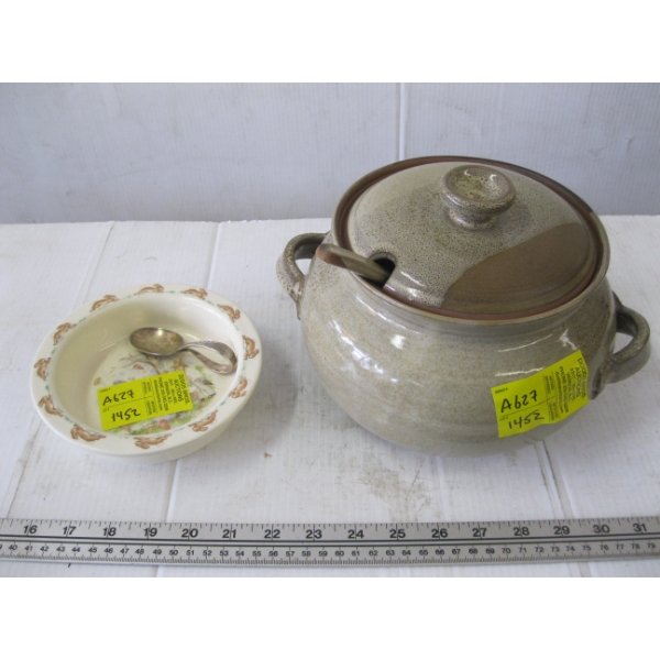 CERAMIC POT W/LADLE & BUNNYKINS BOWL W/SPOON