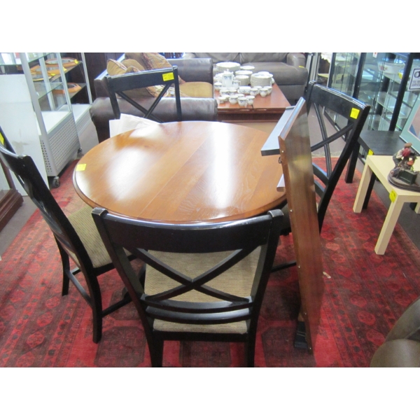 ROUND DINETTE TABLE W/4 WOOD FRAMED UPHOLSTERED CHAIRS W/LEAF