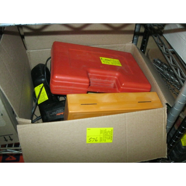 BOX W/MISC. SOLDERING GUN, DRILLS, EXACTO KIT, ETC.