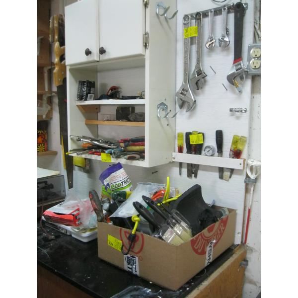 TOOLS ON WALL & IN BOXES - VISE GRIPS, CHISELS, SAWS, ETC.