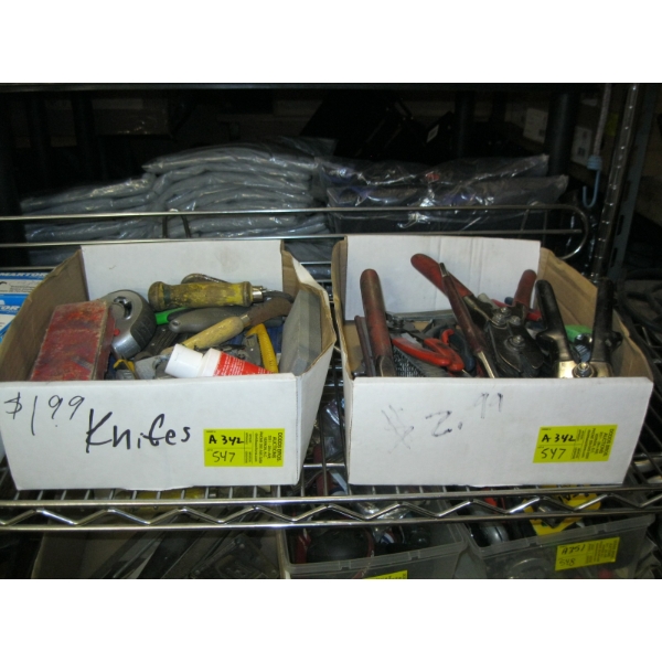 2 BOXES MISC. CUTTER BLADES, PLIERS, WIRE STRIPPERS, ETC.
