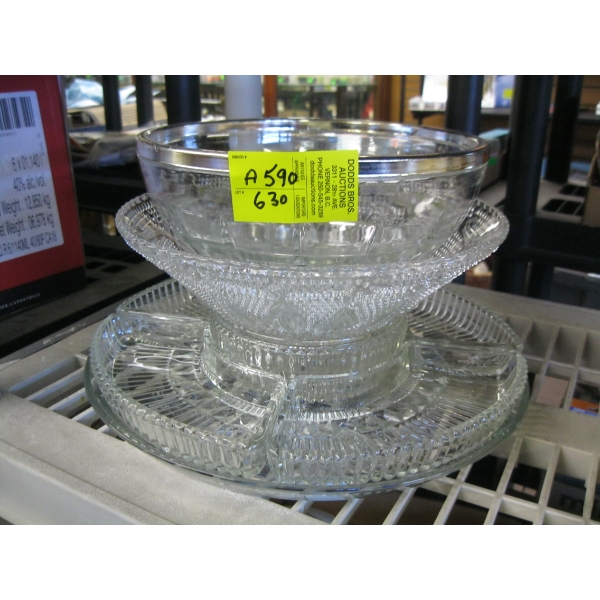 VINTAGE GLASSWARE, SERVING TRAY, BOWLS, ETC.