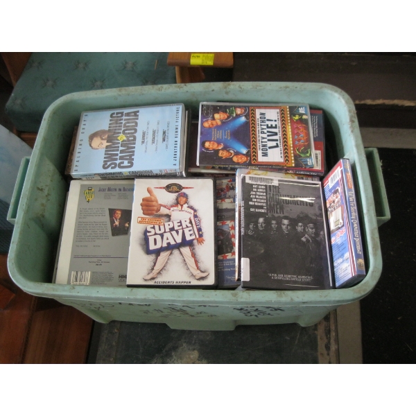 TOTE OF DVDs & VHS TAPES