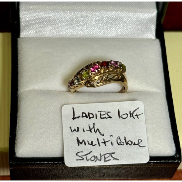 LADIES 10KT RING W/MULTI COLOUR STONES - SZ 5