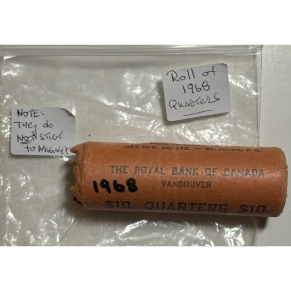 ROLL OF CDN 1968 QUARTERS - NOTE:  THEY DO NOT STICK TO MAGNET