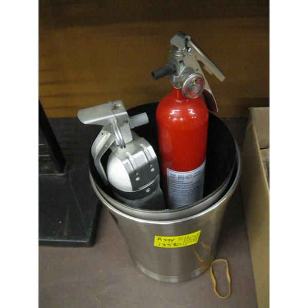 2 FIRE EXTINGUISHERS & 2 SM. METAL CANS