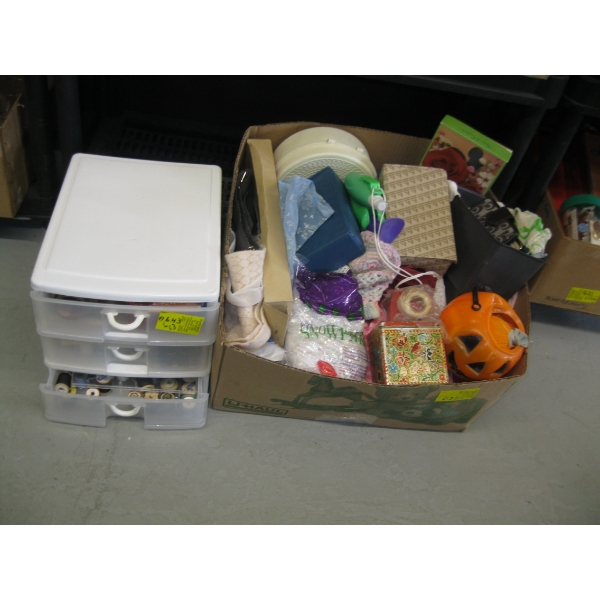 3 DRAWER STORAGE BIN W/MISC. - SEWING SUPPLIES & A BOX OF ASST'D SEWING & CRAFTING ITEMS