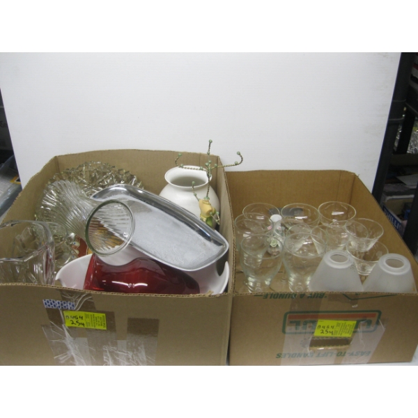 2 BOXES OF MISC. VASES, WINEGLASSES, ETC.