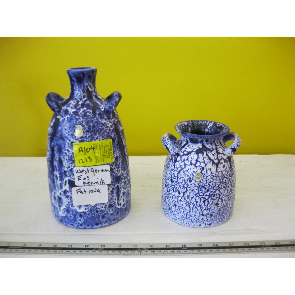 WEST GERMAN E&S KERAMIK FAT LAVA VASE & BLUE/WHITE KERAMIK VASE